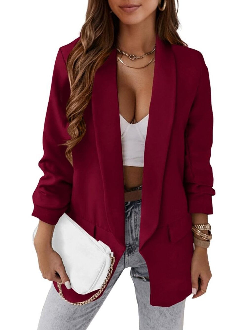 Women's Wine Comfy Fabric Blazer Jacket Business Casual Open Front Office Suit